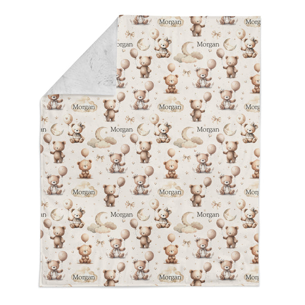 Personalized Name Minky Blanket - Neutral Teddy Bears